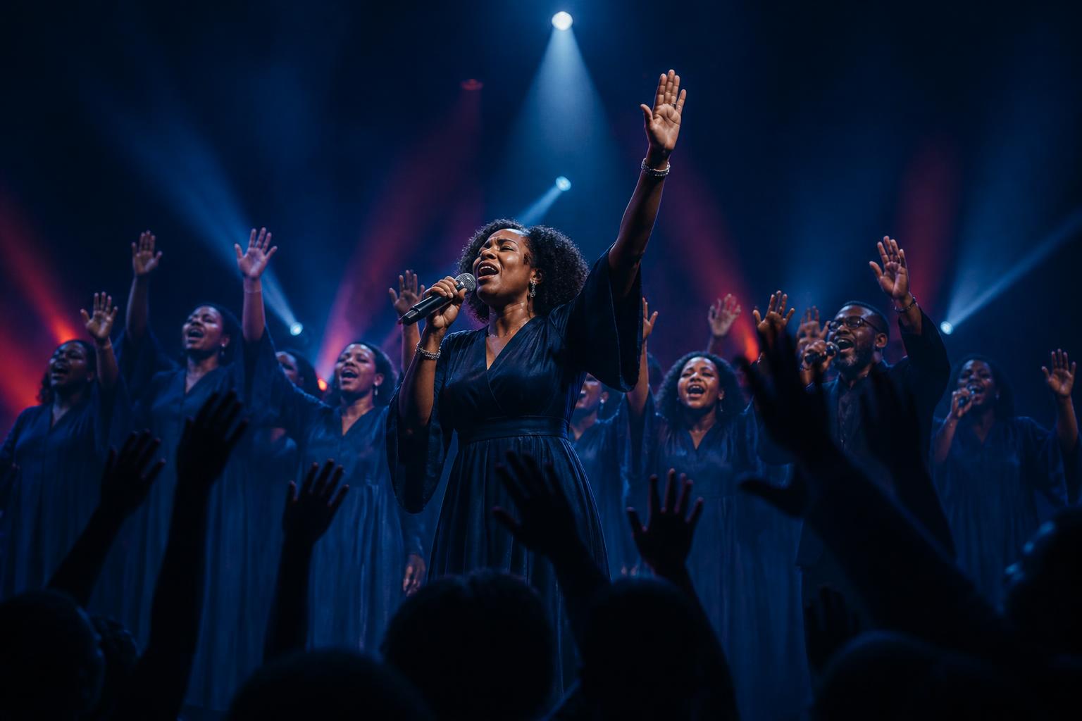 Gospel choir worshipping under blue and crimson stage lights